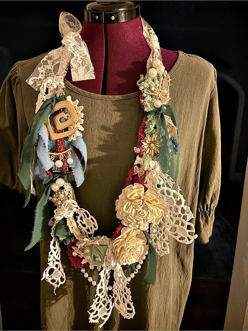Handmade Shabby Chic Boho Statement Necklace Lace Pearls Floral OOAK